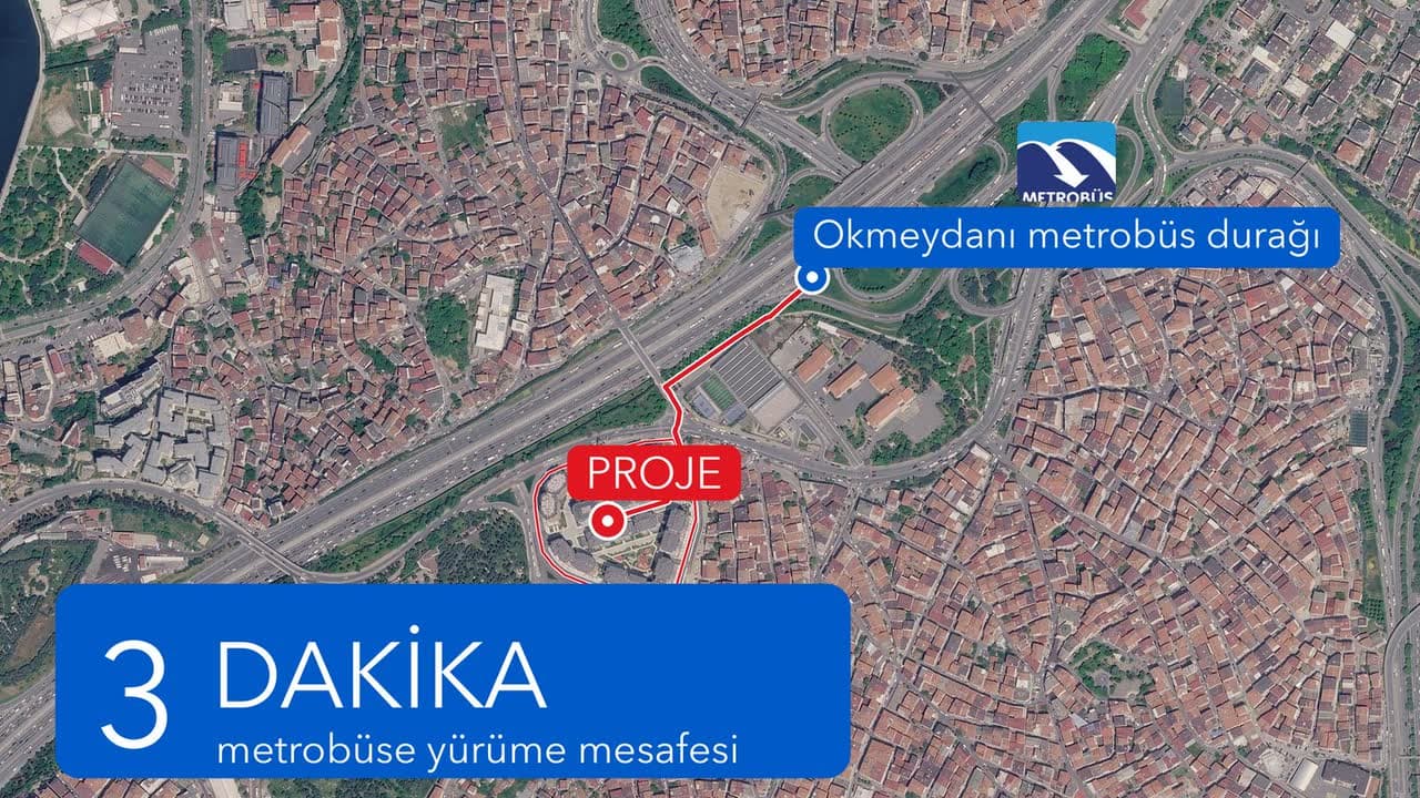 Fetihtepe’den Okmeydanı metrobüs durağına 3 dakika yürüme rotası